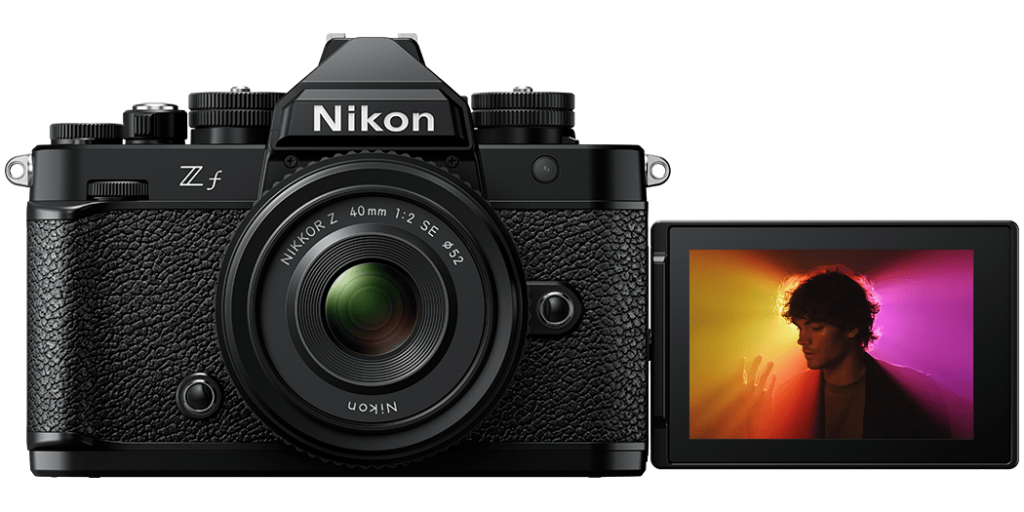 Front view of the Nikon Zf Retro Camera, showcasing its vintage-inspired design and modern technology