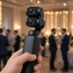 Compact dual-lens pocket gimbal video camera held up at a softly lit conference ballroom event