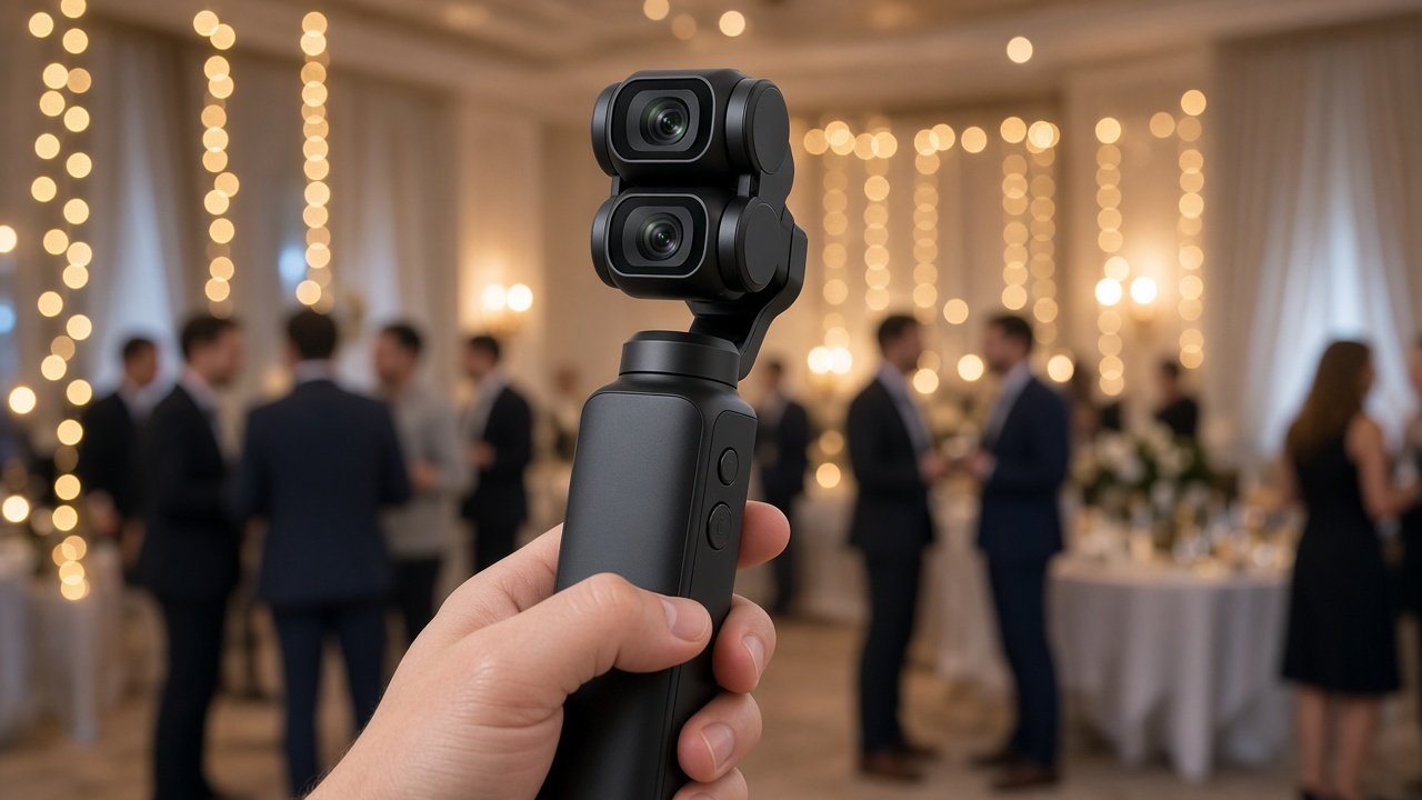 Compact dual-lens pocket gimbal video camera held up at a softly lit conference ballroom event