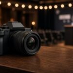 Compact mirrorless camera with a small F2.8 wide zoom lens on a table at an indoor event venue