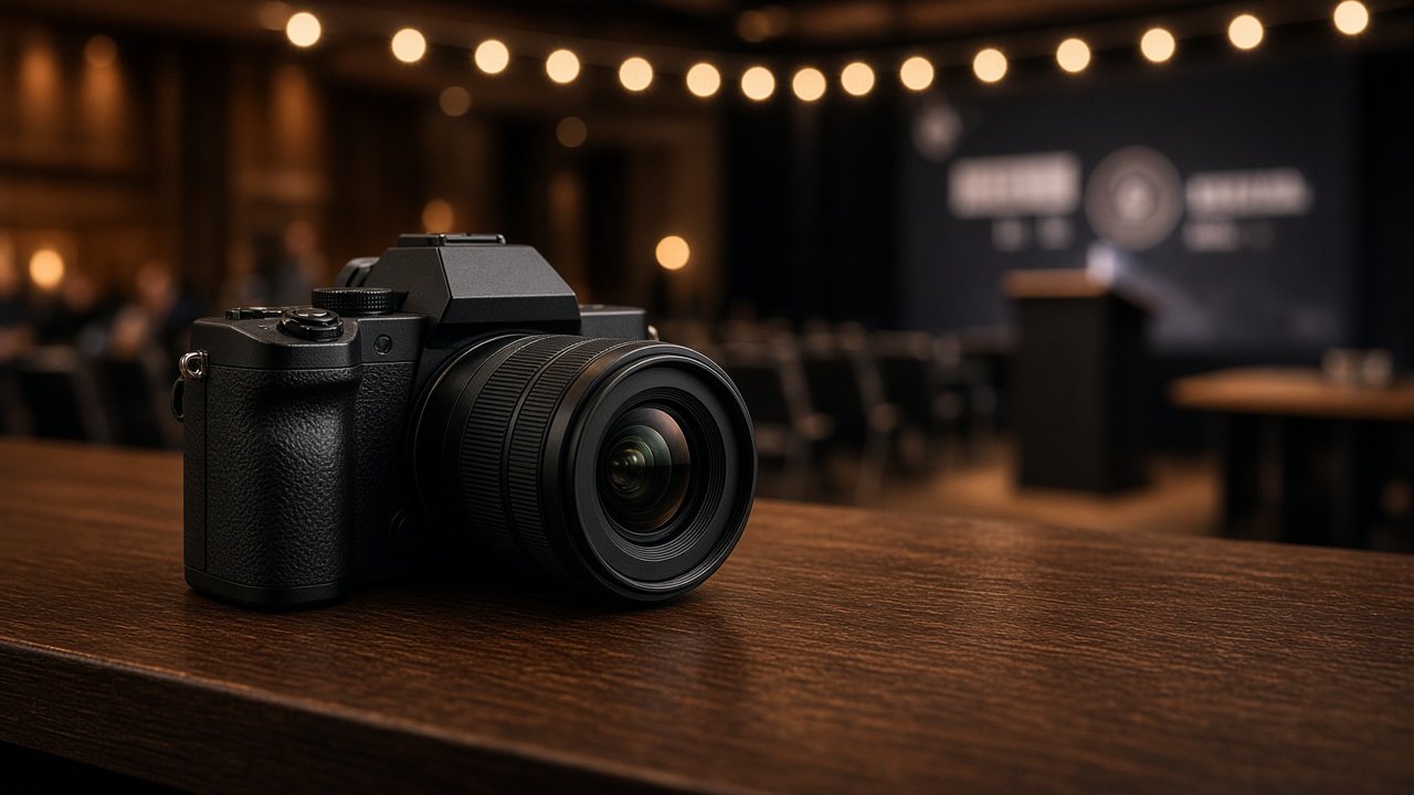 Compact mirrorless camera with a small F2.8 wide zoom lens on a table at an indoor event venue
